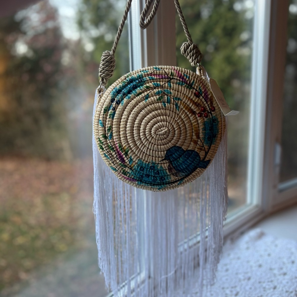 Handwoven Toquilla Straw Round Bag by Yurelly Mero - Blue Bird Design - Picture 3 of 12